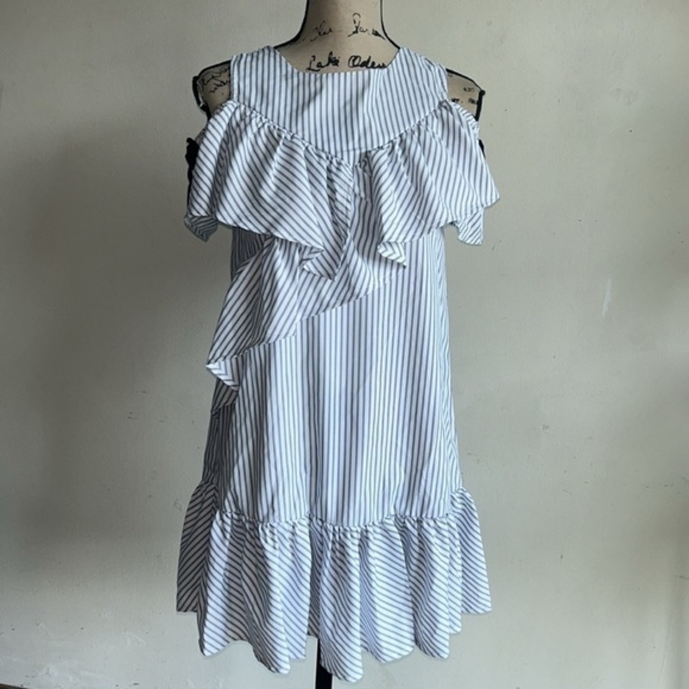Habitual Girl Striped Ruffled White Navy Dress Girls  Size 14